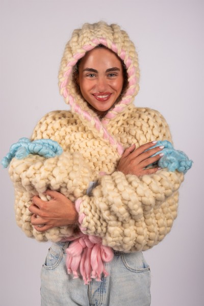 Cotton Candy Kapüşonlu El Örgüsü Hırka