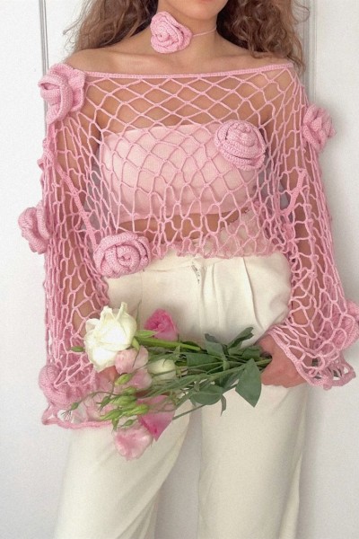 French Rose Tığ İşi Üst + Boyun Aksesuarı Takımı