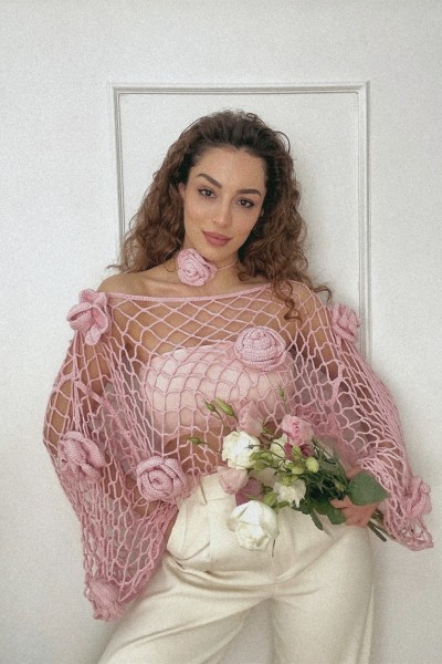 French Rose Tığ İşi Üst + Boyun Aksesuarı Takımı
