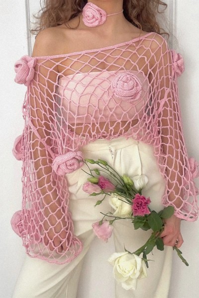 French Rose Tığ İşi Üst + Boyun Aksesuarı Takımı