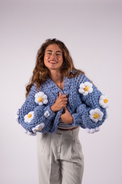 Daisy Blue Hand-Knitted Cardigan